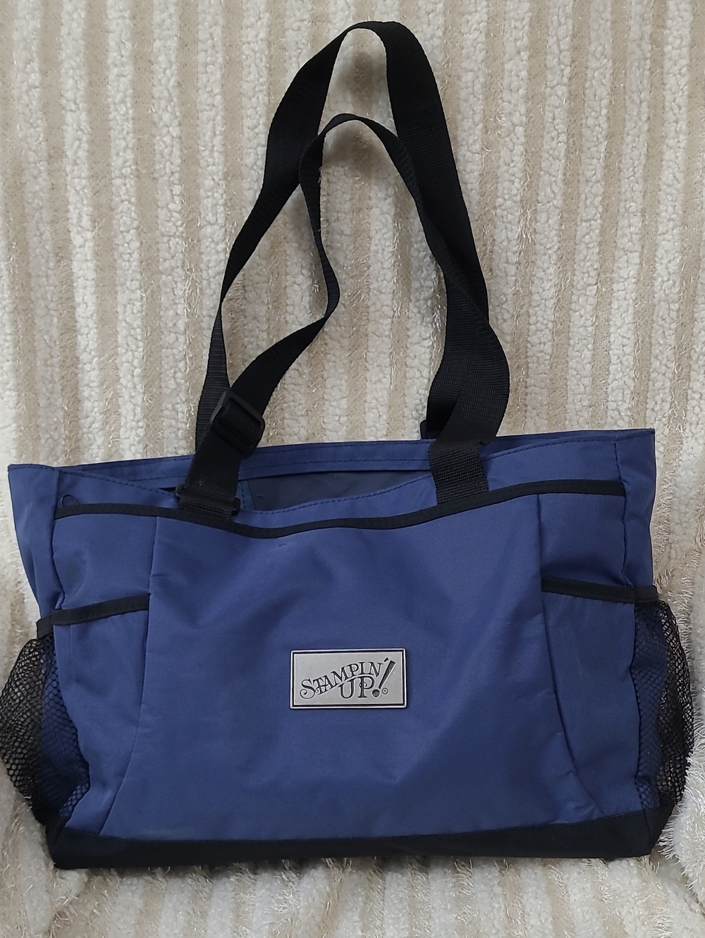 RARE Stampin'Up! Navy Tote Bag 18 x 11 Black Accent Mesh Pocket Adjustable Strap